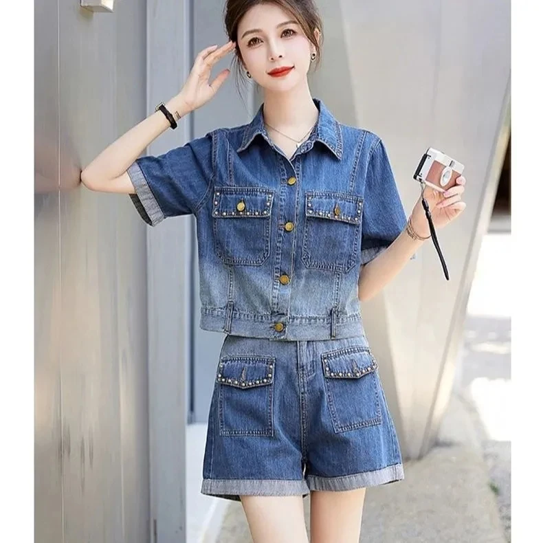 

Denim Short Jacket Female Short-Sleeved Harem Cropped Trousers 2026 Summer New Korean Fashion Loose Thin Two-Piece Suit Commute