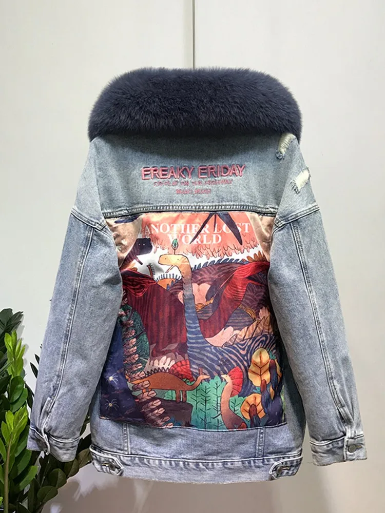 Winter Dikker Warme Vrouwen Vos Bontkraag Single Breasted Jas Wollen Voering Denim Bovenkleding Brede Taille Mid Lengte Vrouwelijke Jas