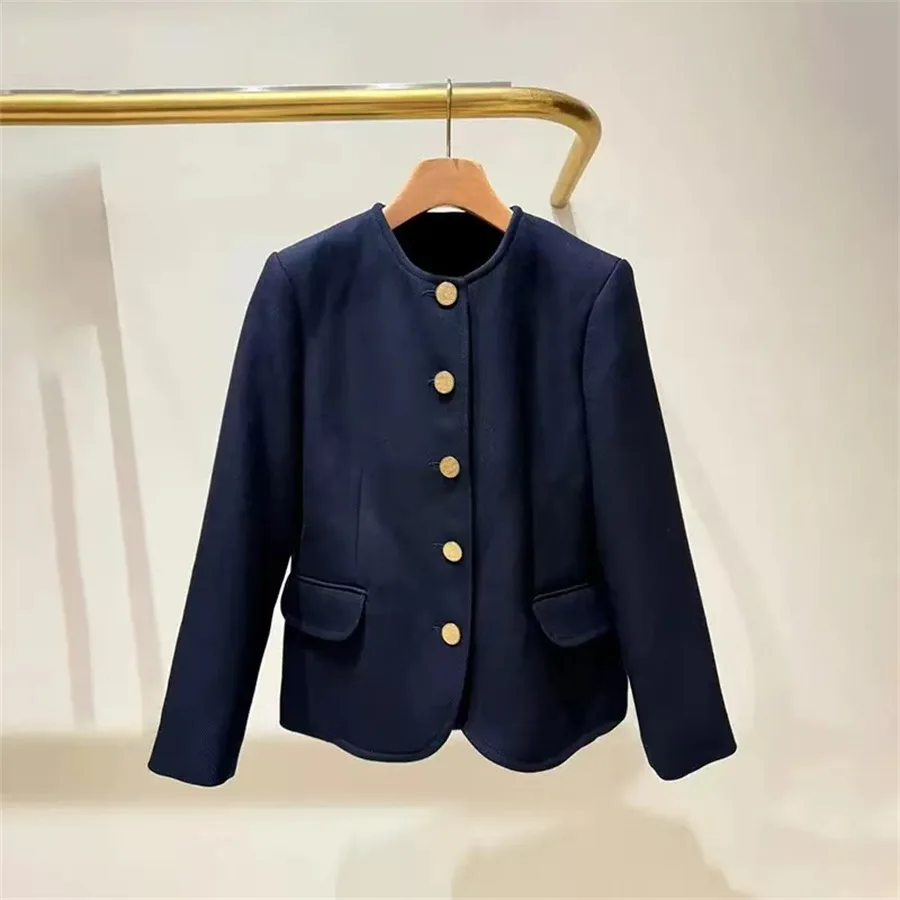 

【Gift Free】2025 Fall Winter New Dark Blue Formal Round Neck Metal Button Decorative Straight Shoulder Slim Short Jacket
