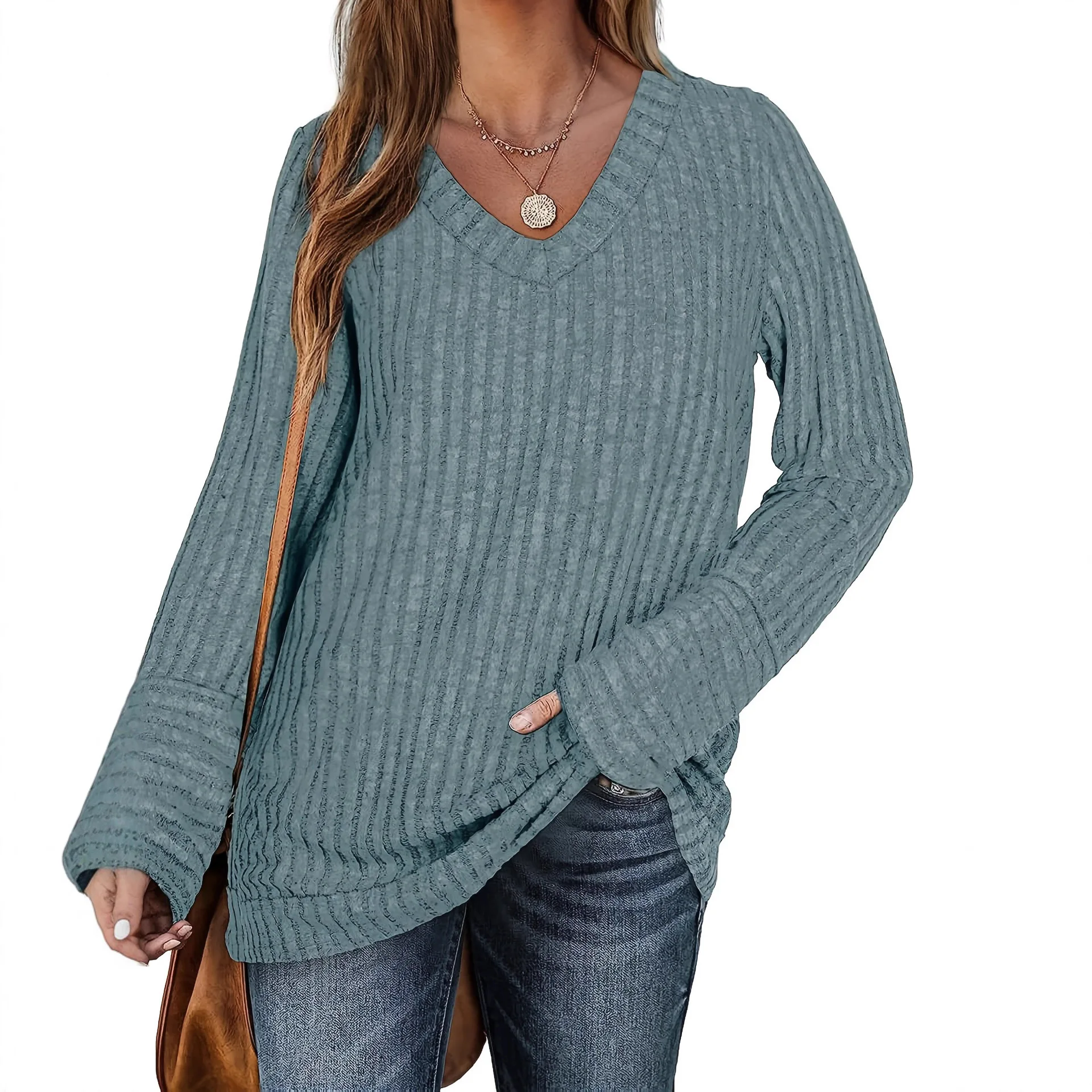 

Y2K autumn and winter women's knitted sweater V-neck versatile top solid color long-sleeved loose inner fashion casual top