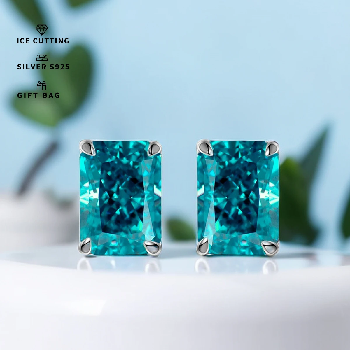 S925 sterling silver plated platinum and golden rectangle earrings ice cut Paraiba bluish inky blue zircon earrings for women