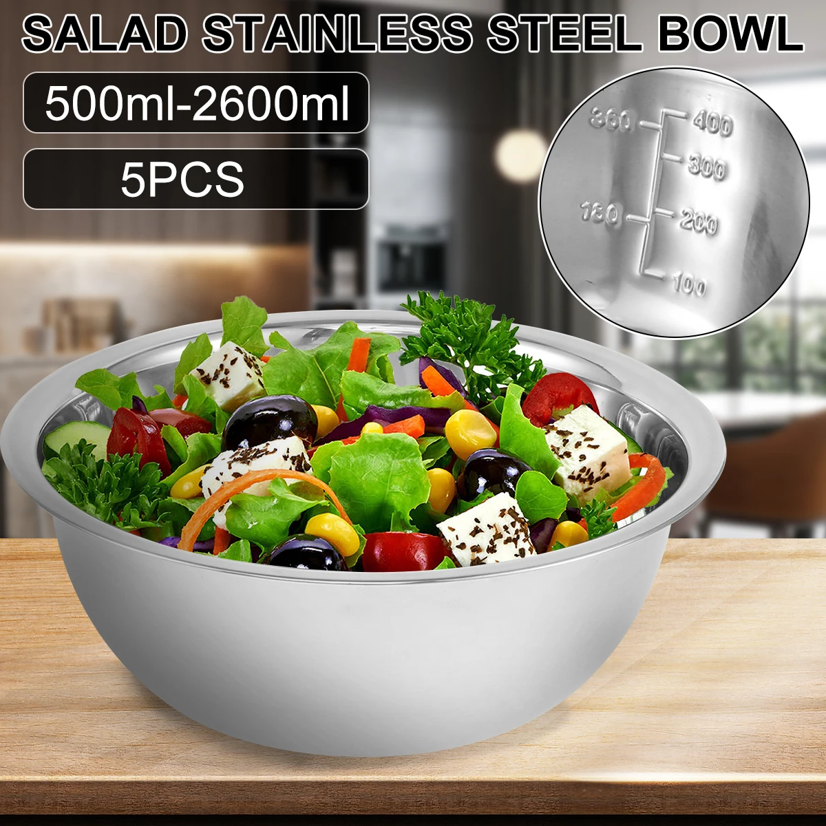 5Pcs Stainless Steel Mixing Bowl Set Fruit Salad Food Tableware Soup Noodles Bowl Kitchen Cooking Baking Tools 14/16/20/22/24cm