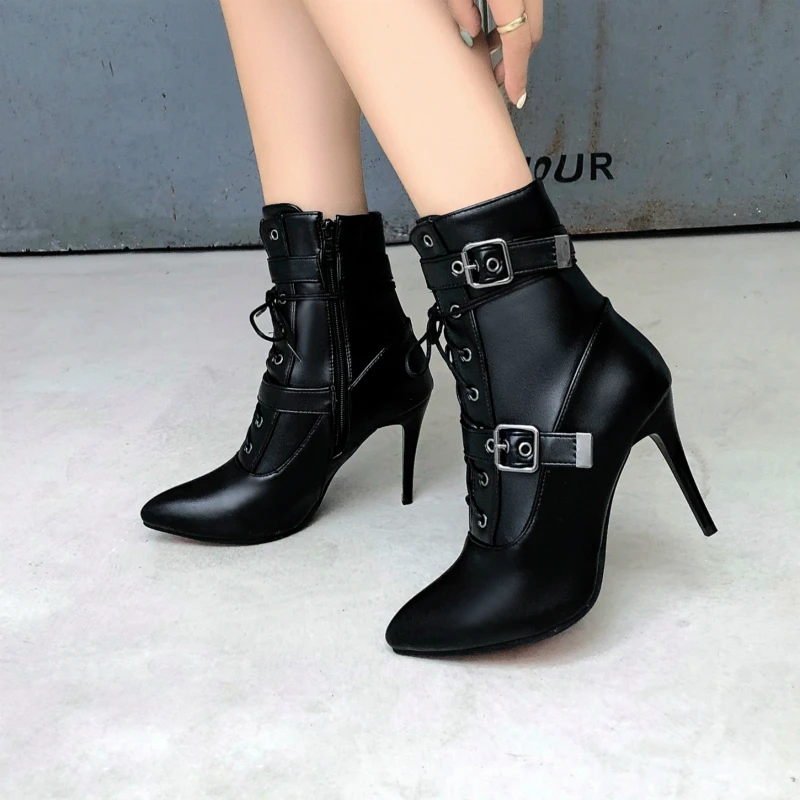 Fashion Ankle Boots For Women Hot 2024 Sexy Women\'s Ankle Boots Autumn Winter Buckle High Heel Lace Up Short Shoes Large Size