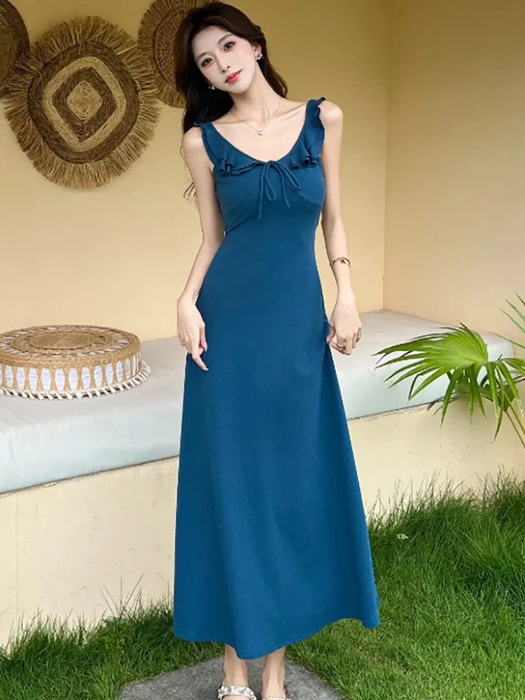 Feminino azul elegante arco babados estilingue sexy vestido longo verão moda bodycon casual vestido de férias 2025 coreano vintage vestido de festa