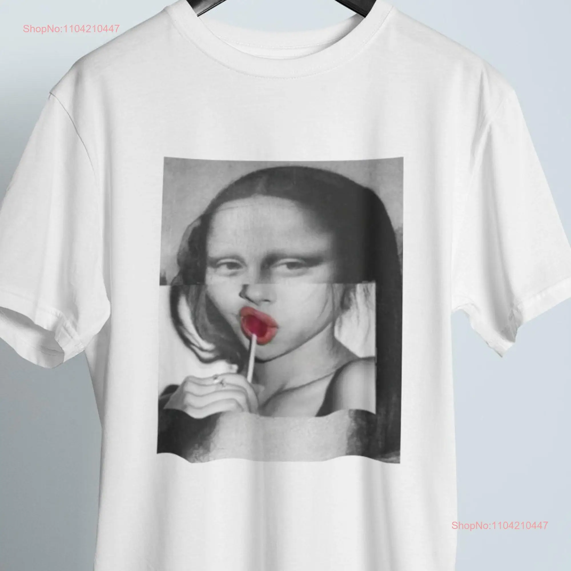 Mona Lisa with Lollipop Black White Vintage T Shirt Classic Art Inspired Crazy Girl Retro long or short sleeves