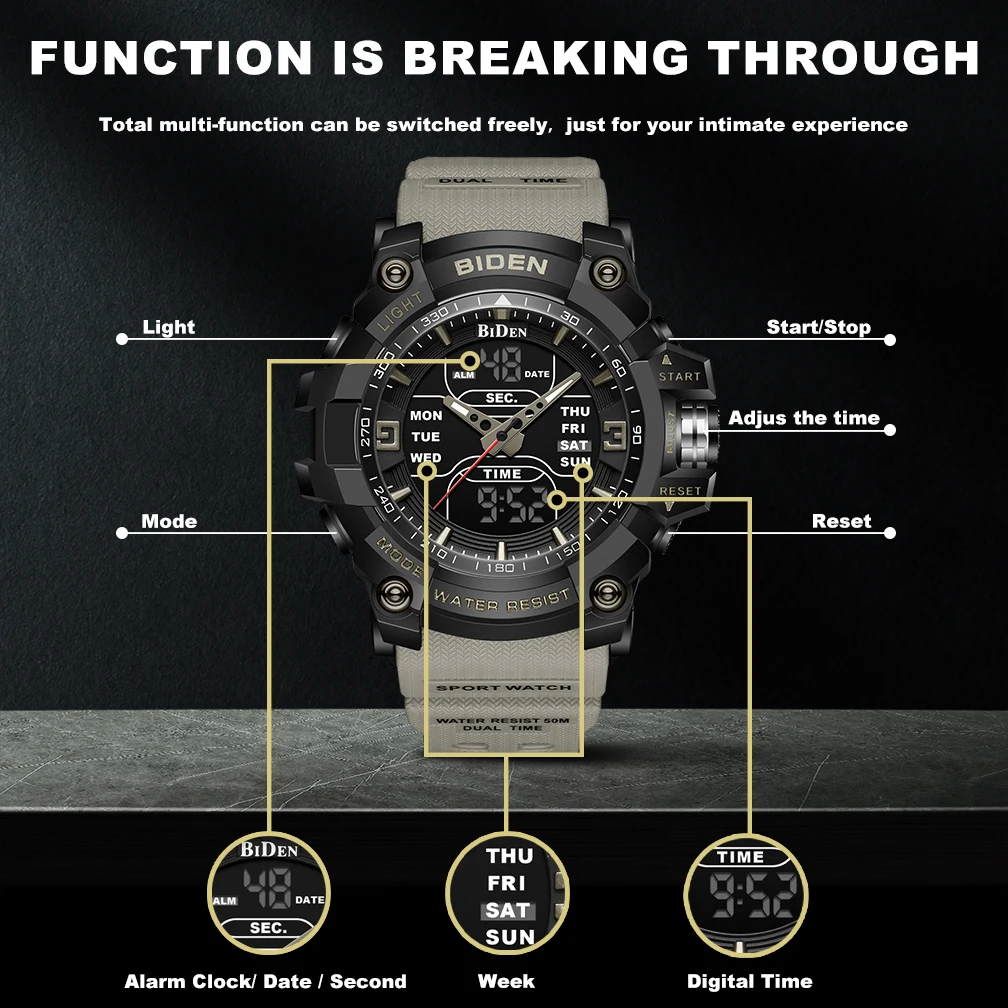 Watch Sport LED Light Alarm Clock Dual Time Display WaterproofWeek Auto Date Wristwatches Quartz