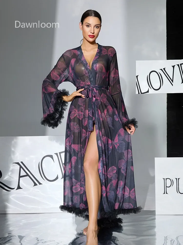 Dawnloom Butterfly Print Tulle Feather-Trimmed Flared-Sleeve Tie-Waist Long Robe for Women Luxury Dreamy Sexy Home Loungewear