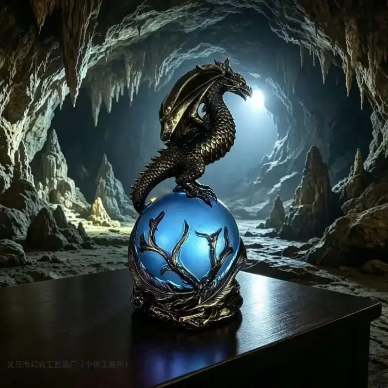 Fantasy Dragon Sphere Lamp Figure for Shelf and Desk Display, Bedroom Accent Piece With Light Center for Collector Use and Y5GB
