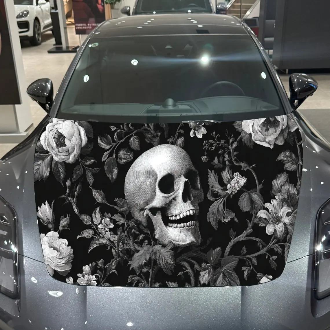 

Car Decal Skull with Monochrome Floral Artistic Background & Mystic-Vintage Gothic Macabre Aesthetic Car Hood Sticker, Waterproo