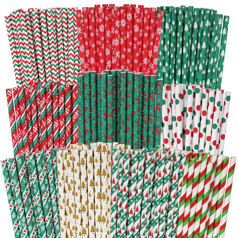 100 Stücke Weihnachten Gemischte Papier Strohhalme Einweg Trinkhalm für Kaffee Saft 2026 Neujahr Party Dekoration Lieferungen