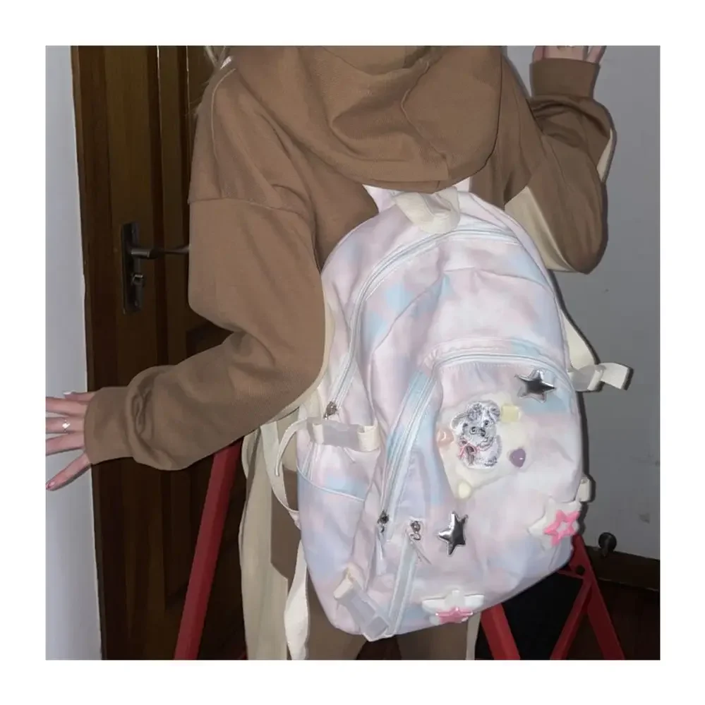 

Korean Pink Tie Dye Sweet Student Schoolbag Cute Girls All Match Large Capacity Backpack Y2k Star Patchwork Mochilas Para Mujer