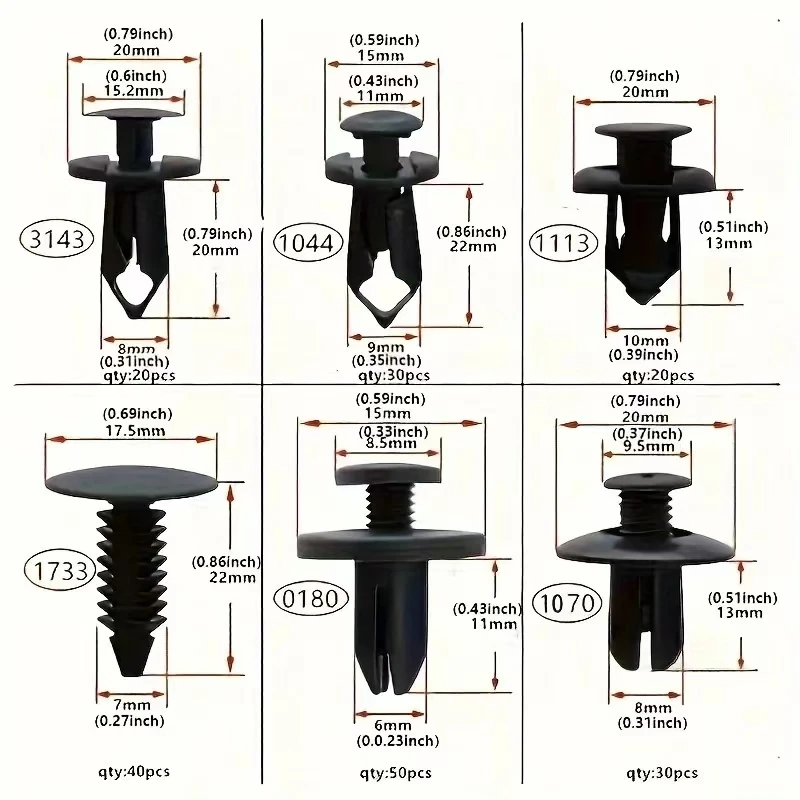 190 Pezzi Clip di Fissaggio Auto Assortiti, 6 Misure, Rivetti di Fissaggio per Pannelli Porta, Parafanghi, Accessori Auto, Finiture Paraurti e Parafanghi