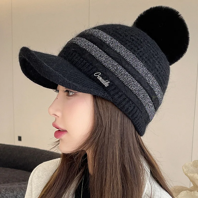 

Winter Hats For Women Baseball Cap Rabbit Fur Pompom Knitting Striped Winter Cap Thick Keep Warm Casquette Good Quality New