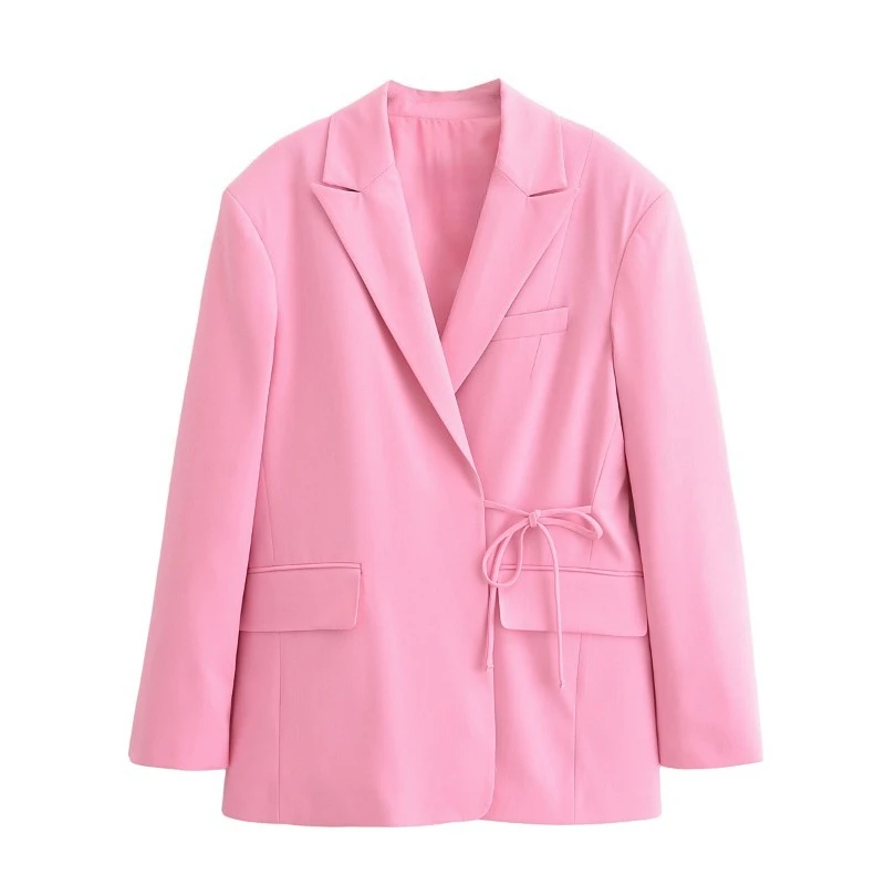 Pink Padded Shoulder Loose Notched Lapel Blazer Long Sleeve Side Tie‑Knot Waist Women Casual Suit Jacket Outerwear 260802