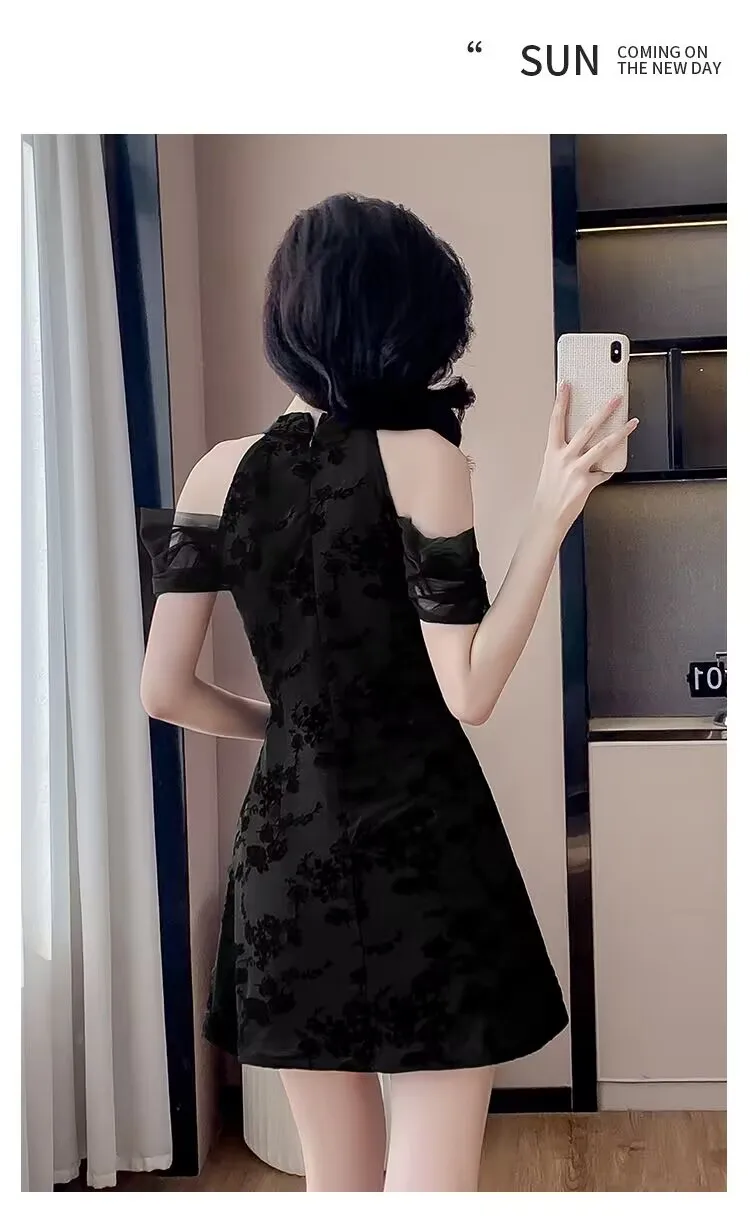 Summer New Style Cheongsam Chinese Fashion Jacquard Dress Set Buckle Improved Modern Traditional Women's Clothing Black Suits