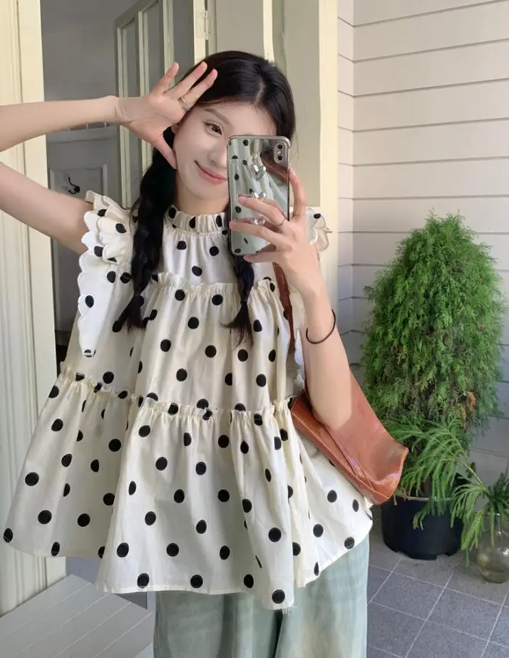 Sweet Pok Dot Flying Sleeve Blouse For Women's Summer 2023 New Korean Style Wood Ears Loose Casual Unique Small Shirt Top s611