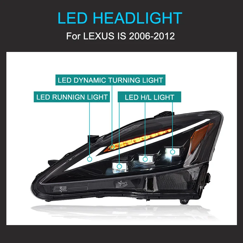 1 Pair Full LED Headlight Assembly for Lexus IS250 IS300 2006-2012 Plug and Play with LED DRL Dynamic Turning Rear Tail Lamps