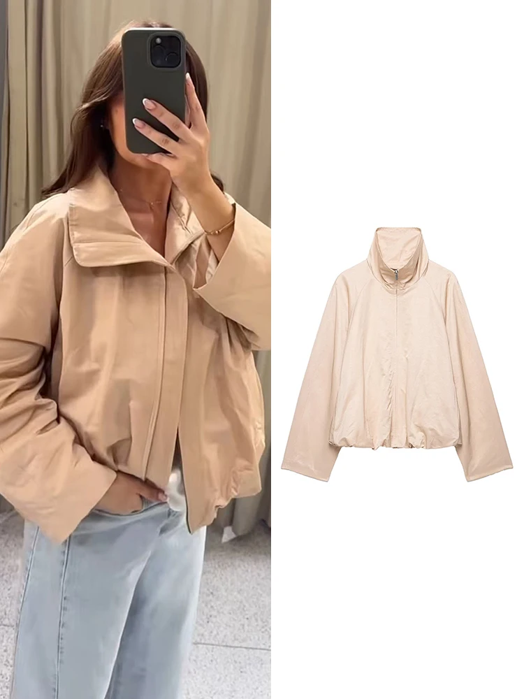 TFMLN Women's New Short Coat Casual Loose Simple Pink Zipper High Collar Pilot Long Sleeve Jacket Autumn Fashion Streetwear