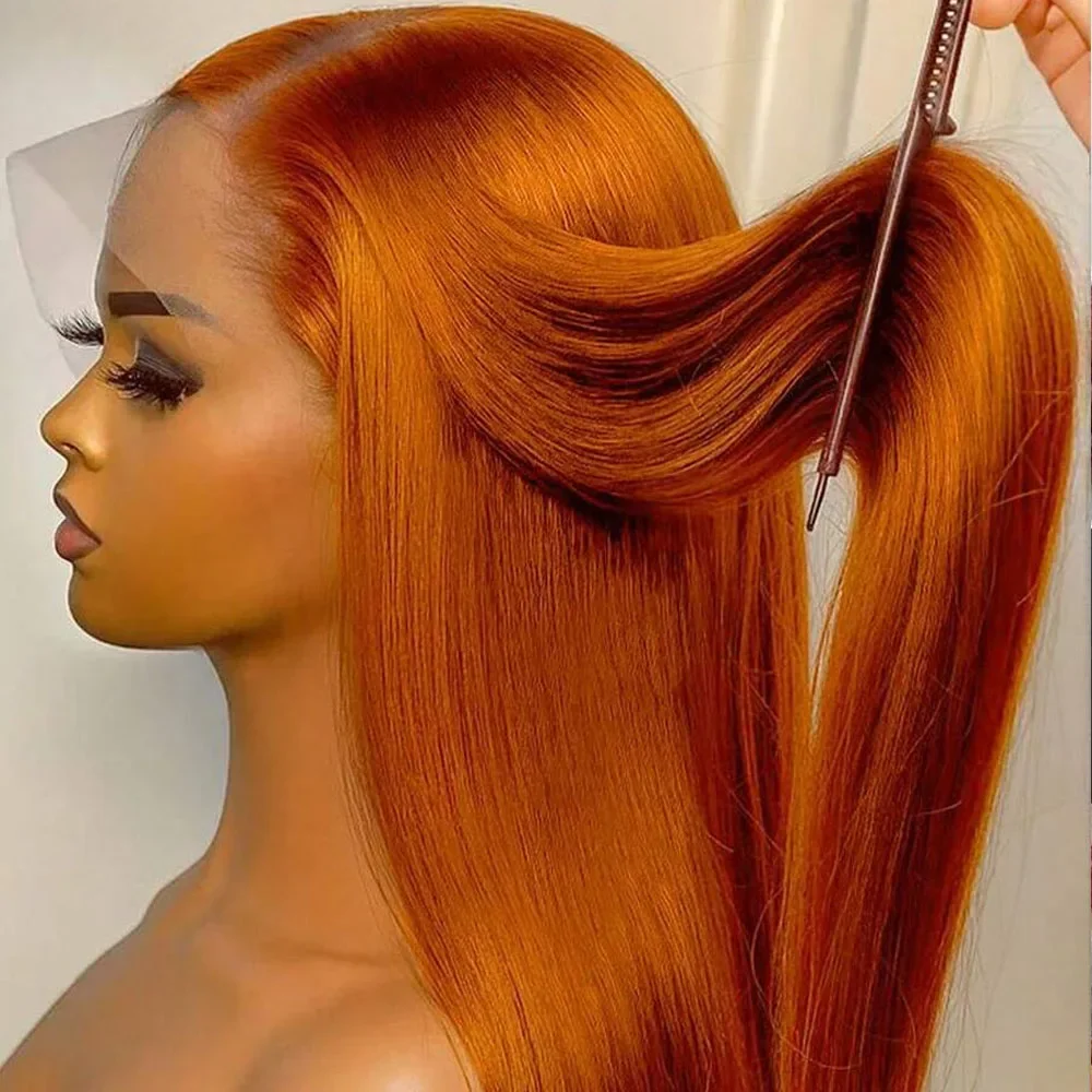 

34-дюймовые прямые оранжевые рыжие парики спереди, человеческие волосы, 180 цветных бразильских 13X6 HD, прозрачные кружевные фронтальные парики для женщин