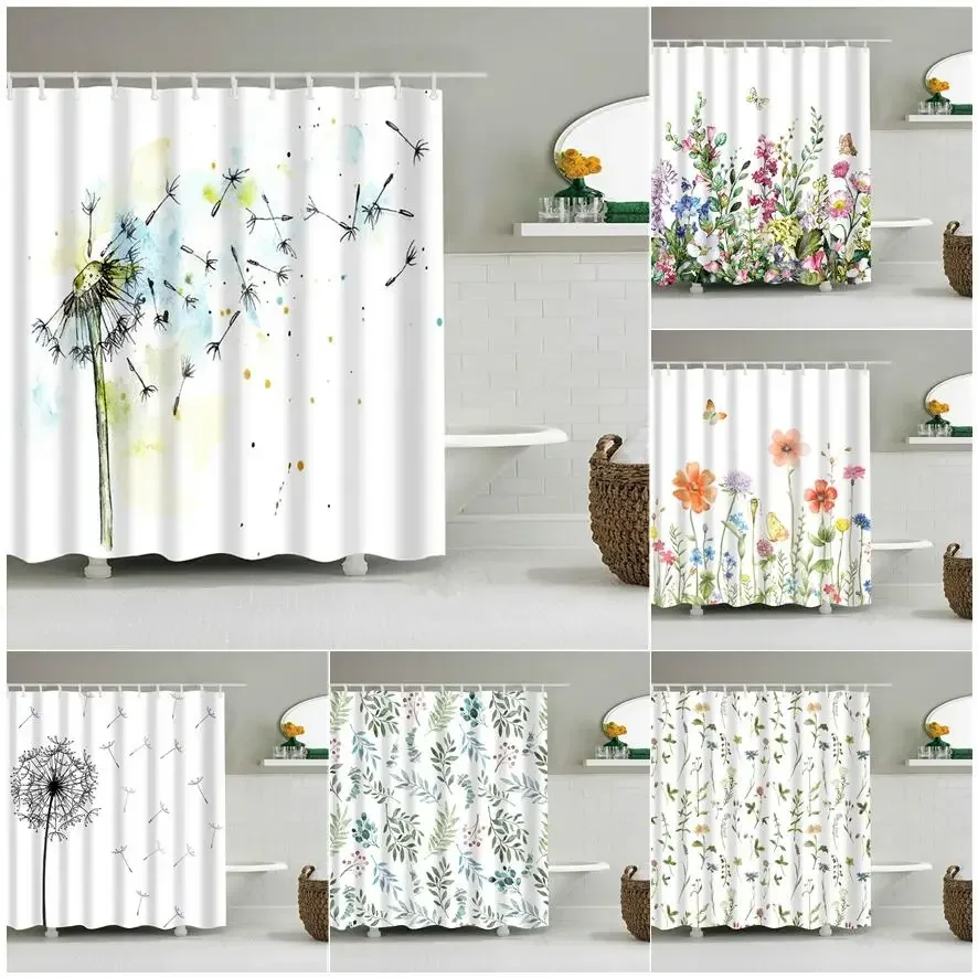 Blumen-Löwenzahn-Rote-Rose-Duschvorhänge, kleine, frische Duschvorhänge, Badezimmer-Vorhang-Set, Stoff, wasserdicht, Polyester, Badezimmer-Dekor mit Haken