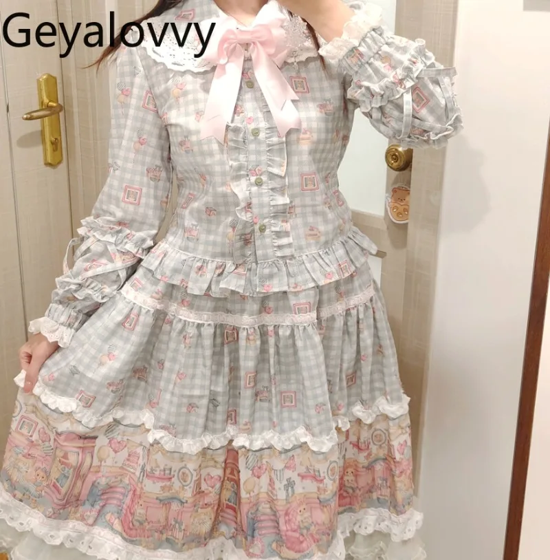

2026 New Original Printed Peter Pan Collar Long-sleeve Shirt High-waisted Versatile Bow-tie Lace Trim Midi Skirt and Hat Set