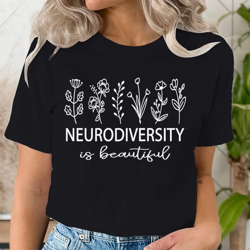 Women's Clothing Flower Neurodiversity Is Beautiful Graphic T Shirts Flower Print Autism Awareness Teacher Short Sleeve T-shirt