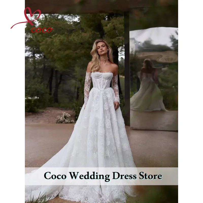 

Customized ElegantAppliques Wedding Dresses off-shoulder A-line Lace Long tail floral print Bridal Gowns Made Vestido De Novia