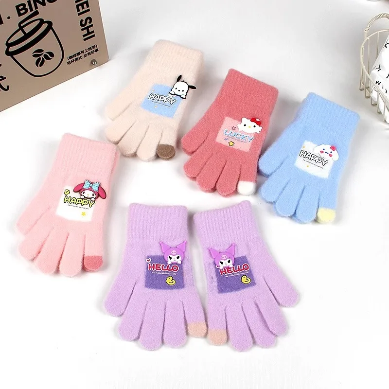 New Sanrio winter children's gloves cute cartoon girls male Kuromi warm split-finger gloves woolen knitted anti-cold