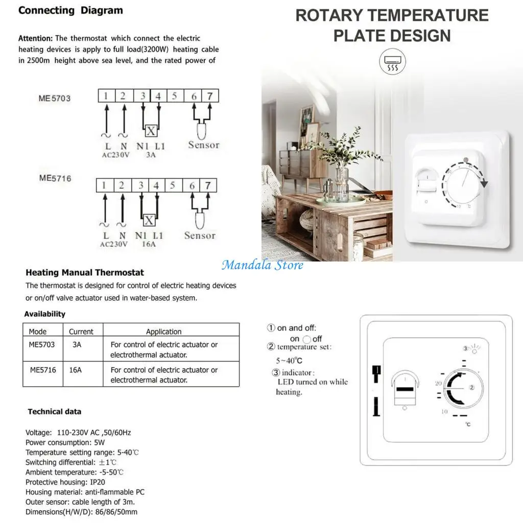 

U2JC 110-230V 16A 4 Wire Home Heater Electric Water Warm Temperature Controller Radiant Floor Heating Temperature Thermostat