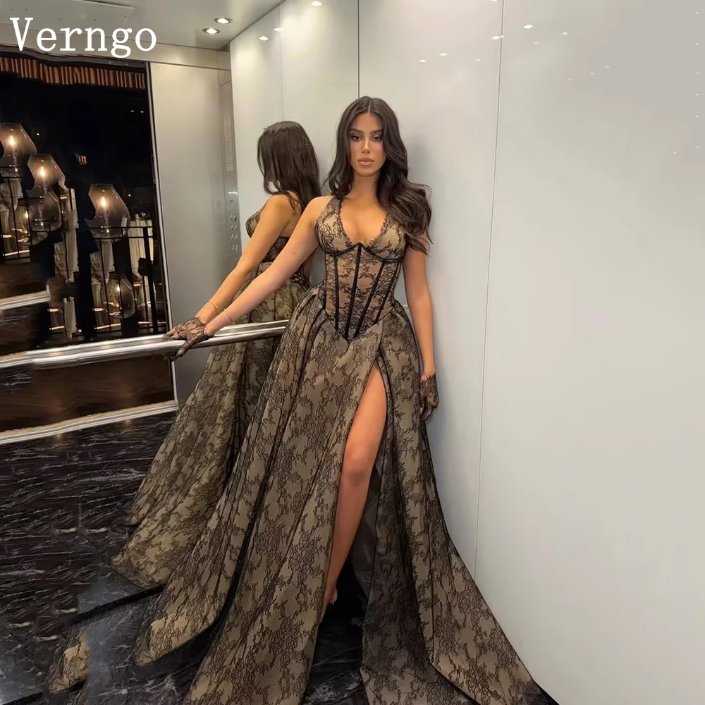 

Verngo Black Lace Evening Dress Halter A Line Side Slit Formal Occasion Dresses Maxi Prom Party Gowns Customized