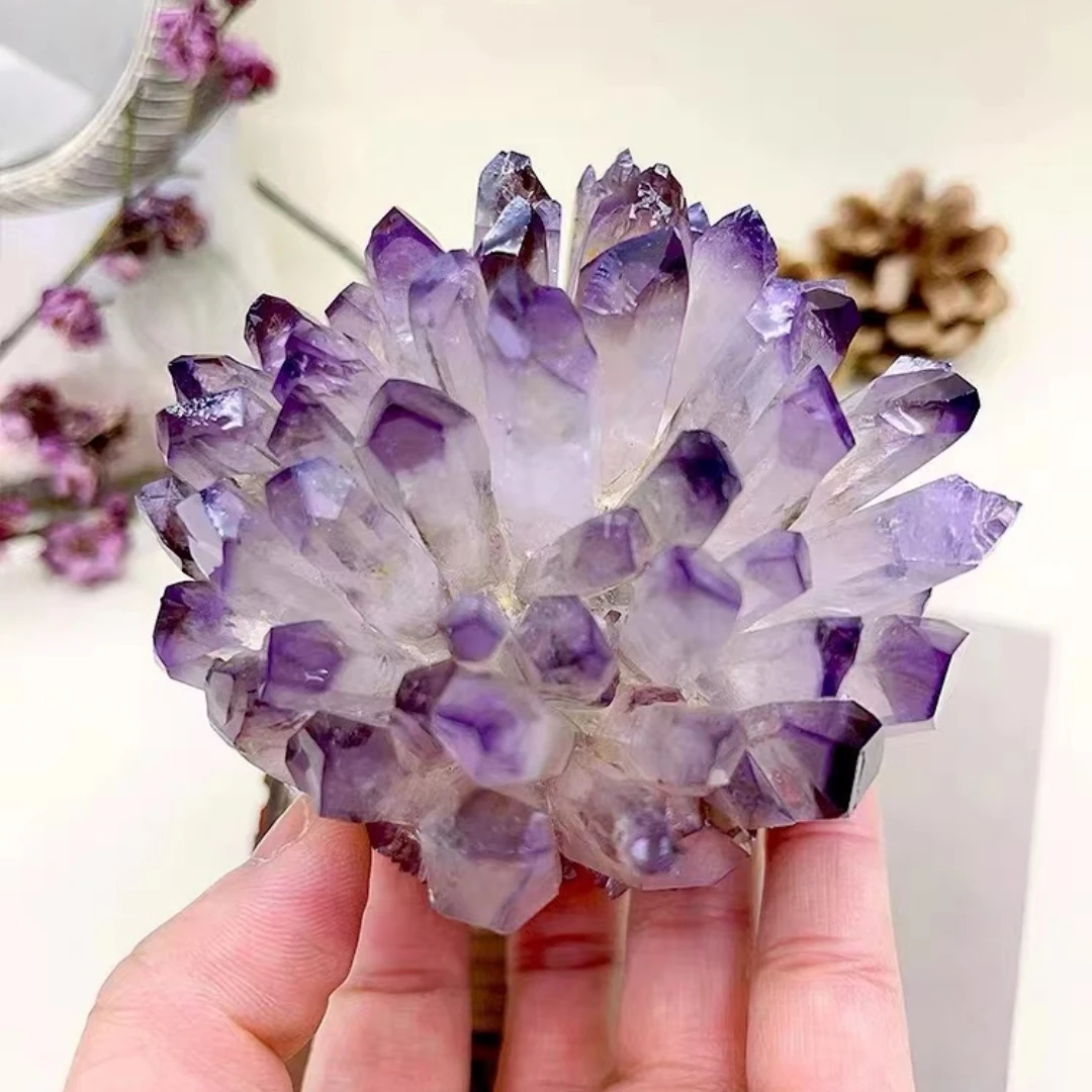 

Natural Crystal Cluster Mineral Purple Phantom Quartz SamplesHeal Home Office Decoration