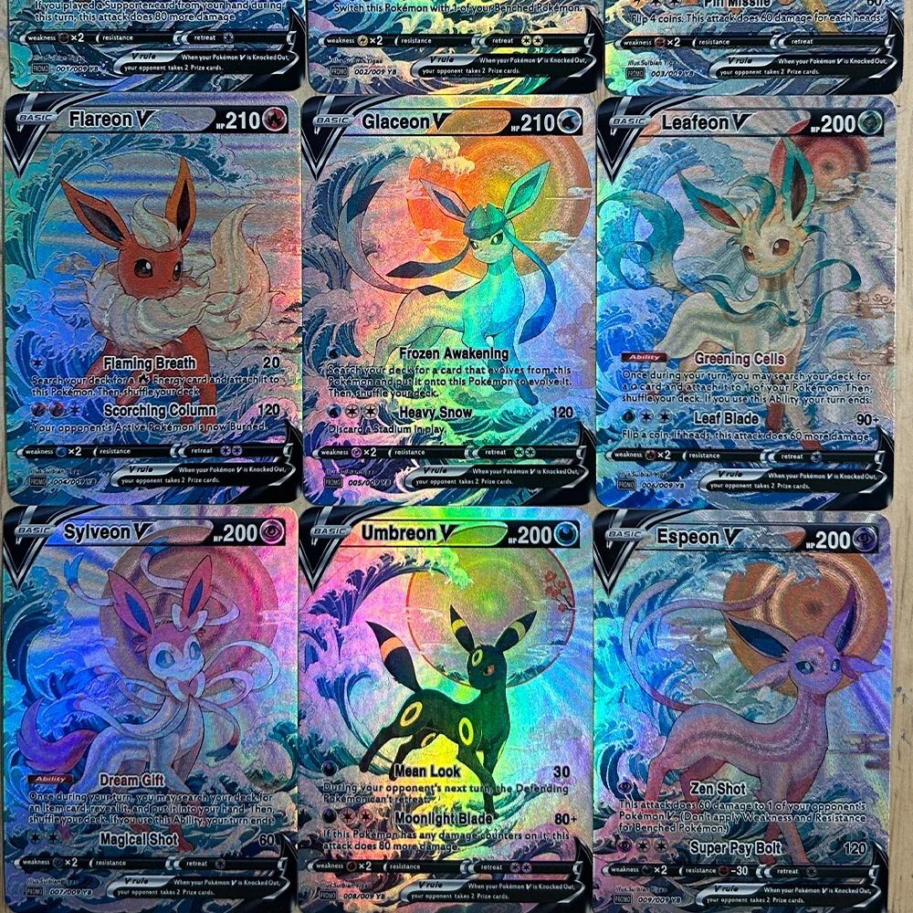 

9Pcs/set Anime PTCG Collection Card Eevee Vaporeon Leafeon Umbreon Espeon English Embossed Texture Flash Card Child Gifts Toy
