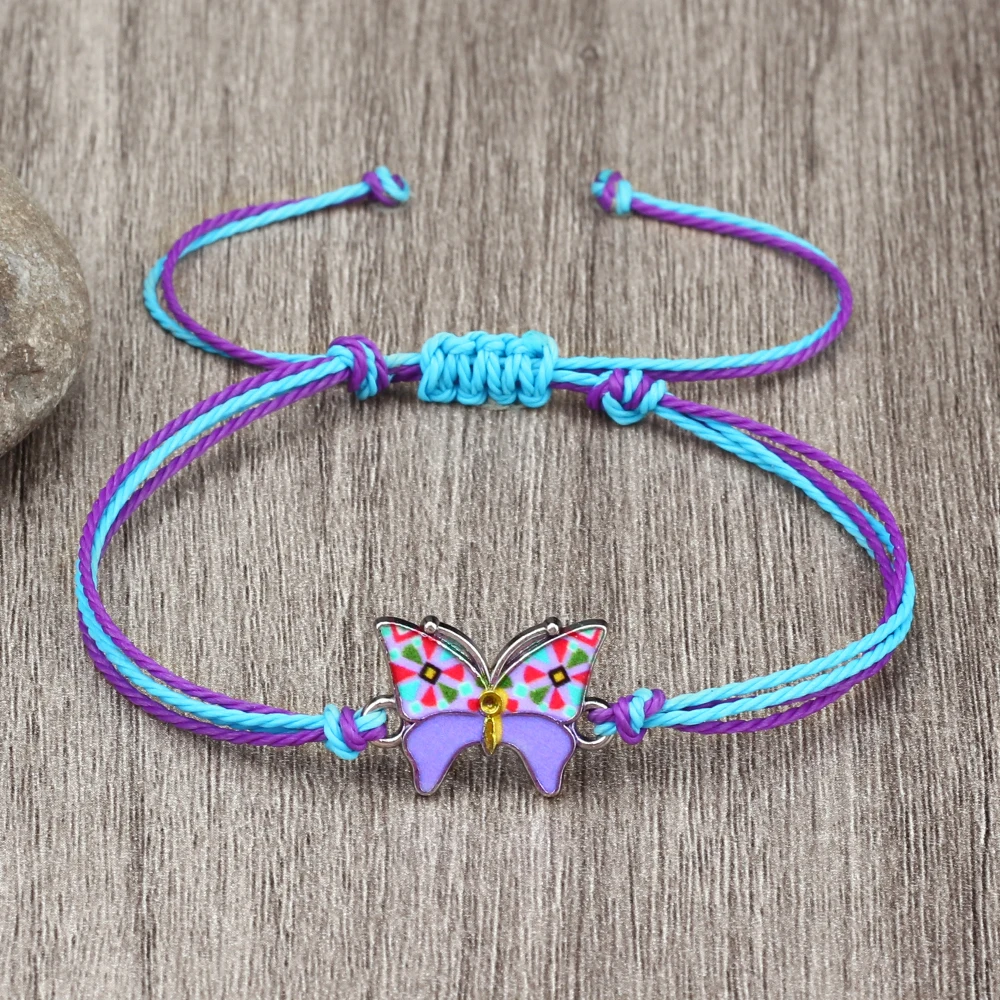 Handmade Braided Bracelets Fashion Alloy Butterfly Colourful Waterproof Wax Rope Adjustable Lucky Wristband for Lovers Jewellry