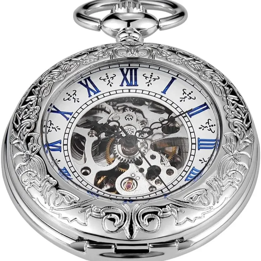 

Серебряные мужские механические карманные часы с прозрачным клапаном, простые механические часы с римскими цифрами