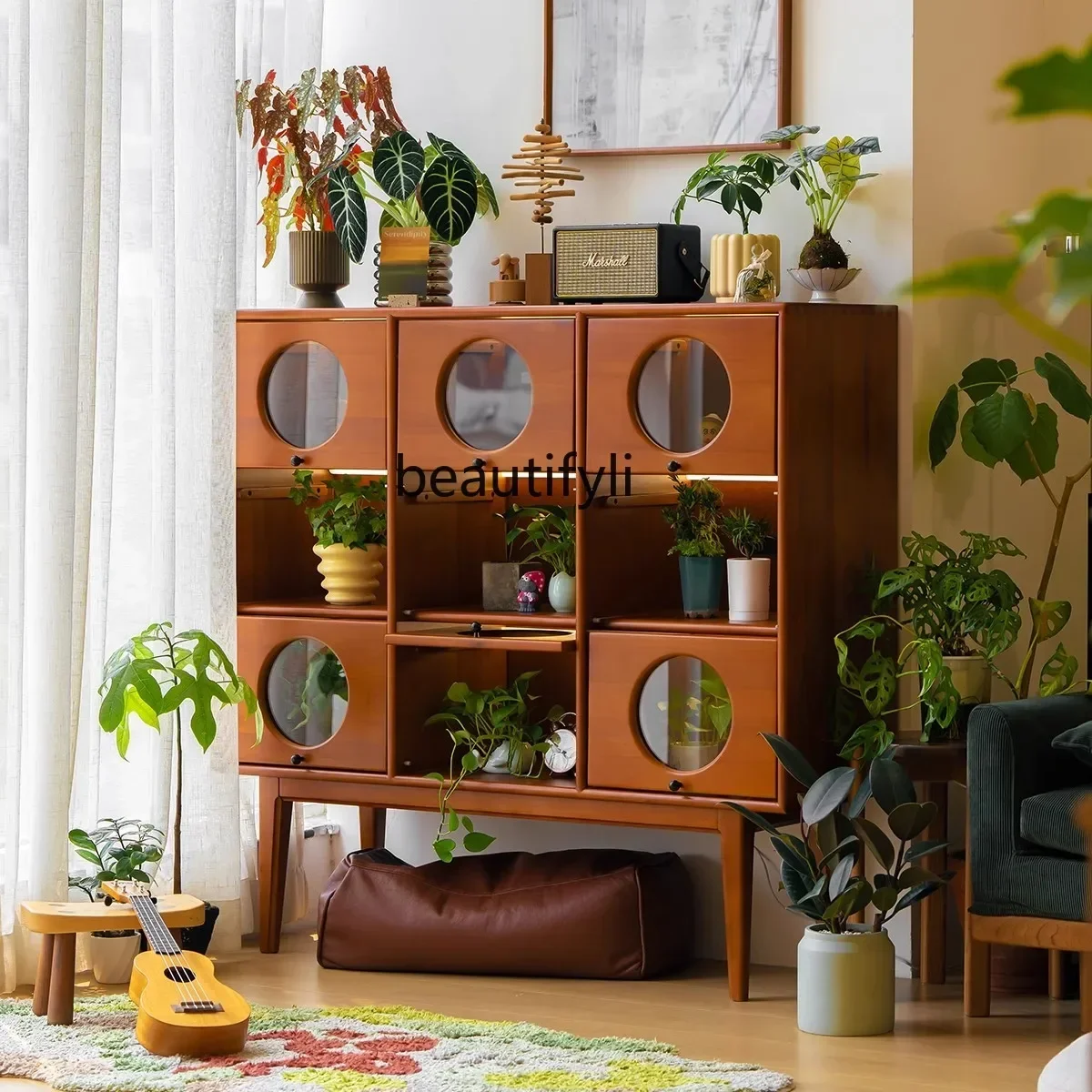 

Boxwood retro display cabinet solid wood bucket cabinet medium antique furniture living room display cabinet