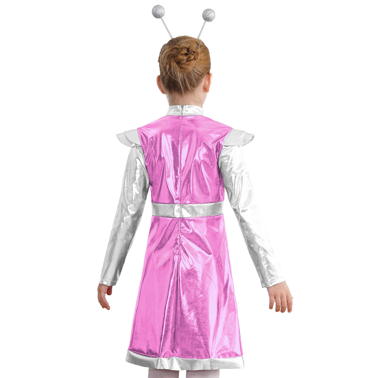 Kids Girls Alien Cosplay Costume Robot Outer Space Halloween Outfits Cap Long Sleeve A-line Leotard Tutu Dress for Performance