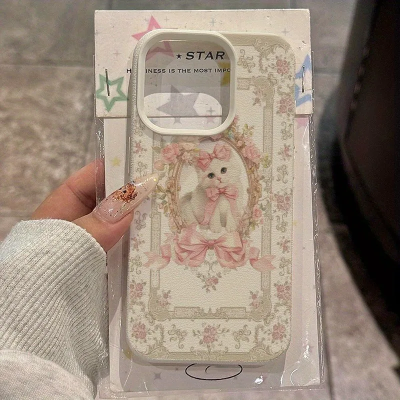Elegant Bow White Cat Pattern Phone Case for Samsung Galaxy S26 S25 S24 S23 S22 S21 S20 Plus Ultra A73 A52 A32 A25 A15 Cover