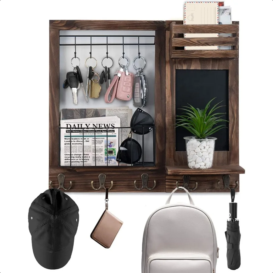 

Key Holder for Wall Mail Organizer Wall Mount with 5 Hooks and Shelf Home Decorative with 5 Double Hooks and Chalkboard for Hom
