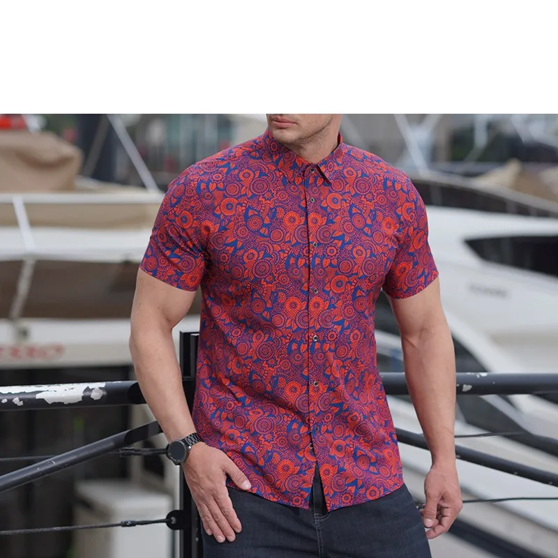 Men's Summer Button Turn-down Collar Flower Geometric Pattern Printed Short Sleeve Cardigan Coats Shirt Casual Formal Tops