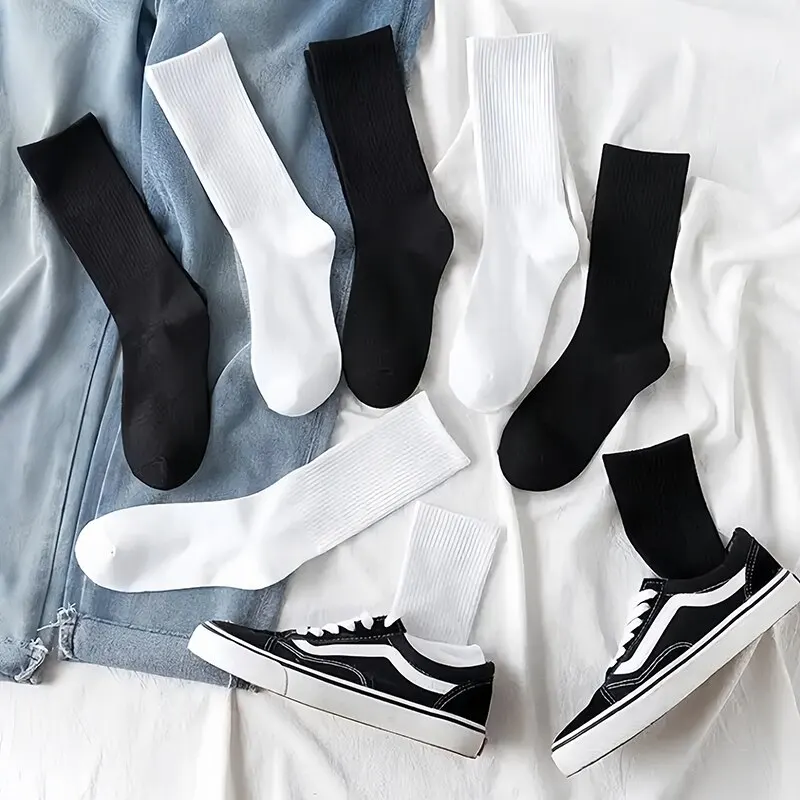 Unisex Daily Basic Socks White Black 3-Pack Stretch Rib Socks Long Middles Length Spring Autumn Winter Cotton Casual Sport Socks