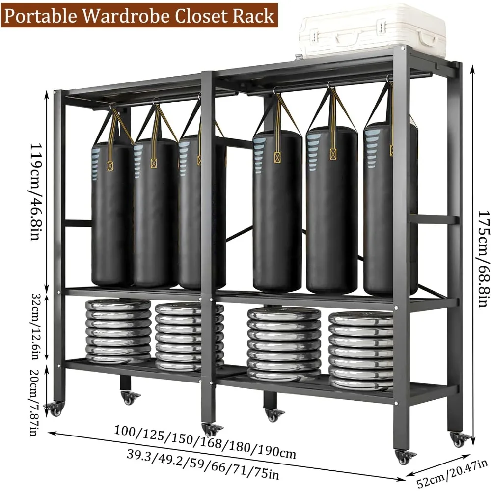 Portable Heavy-Duty Metal Clothes Rack with Magnetic Door, Foldable Covered Wardrobe System for Hanging Clothes and Storage