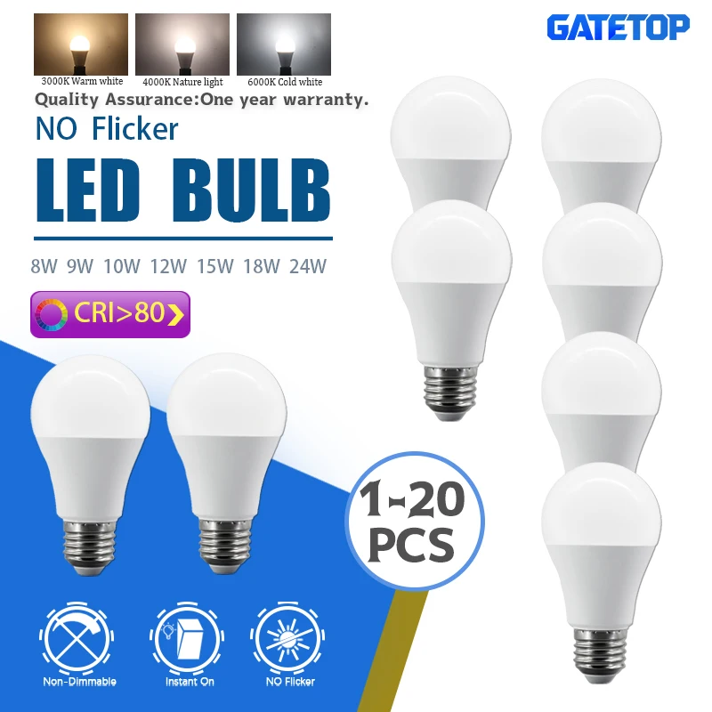

1-20PCS Bulb Lamps 8W 9W 10W 12W 15W 18W 20W 24W E27 Light Bulbs AC220V 110V Daylight Lighting A60 A80 for Home Foyer Room decor