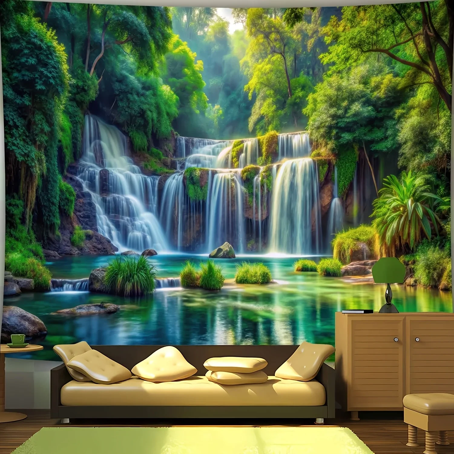 Hintergrund mit grüner Waldwasserfall-Landschaft, geeignet für Wohnzimmer, Schlafzimmer, Büro, Innenlandschaftsdekoration