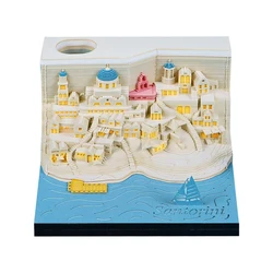 Omoshiroi Block 2026 Calendar 3D Notepad Block Santorini 3D Art Calendar With Led Memo Pad Paper Notes Desk Decor Birthday Gift