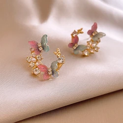 Rhinestone Pearl Butterfly Round Stud Earrings 2024 New in Korean Fashion Women's Earring Personality Colorful Jewelry Gift