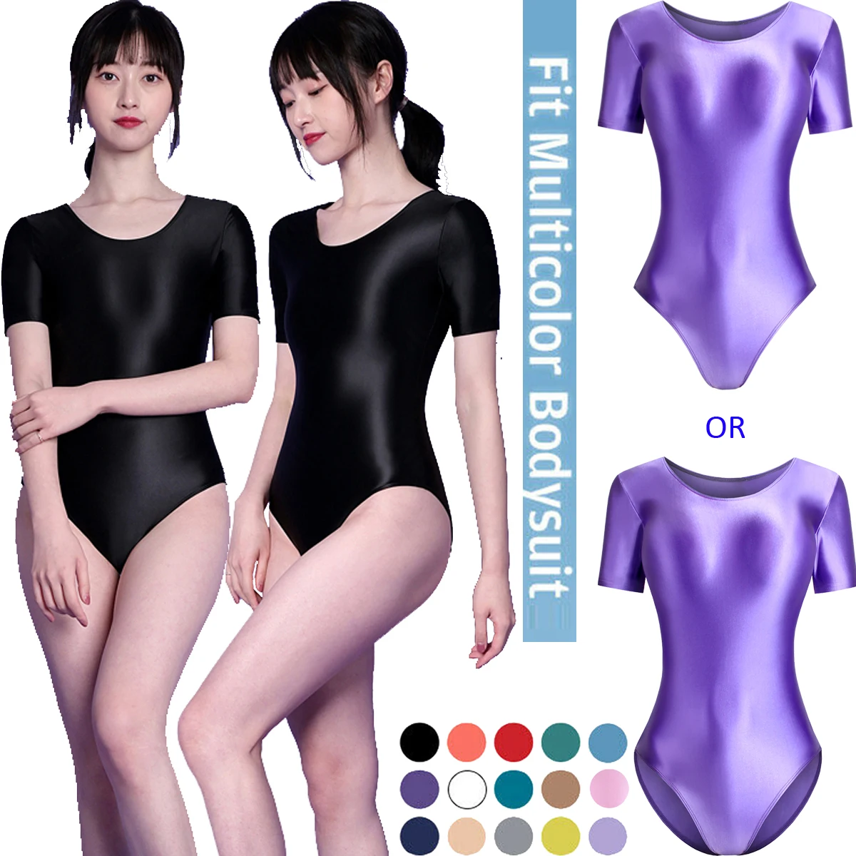 MJINM Oil Glossy Satin Ultrathin One-piece High Cut Quickdry Bodysuit Swimwear Leotards Bodysuit Yoga Fitness Tight Bathing Suit