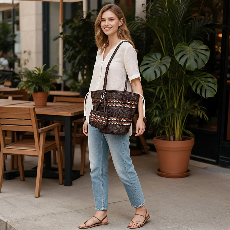 Rattan-Geflecht-Marktkorb-Schultertasche mit passender Geldbörse, handgefertigte gewebte Einkaufstasche für Damen, elegante Tragetasche – Detail 15