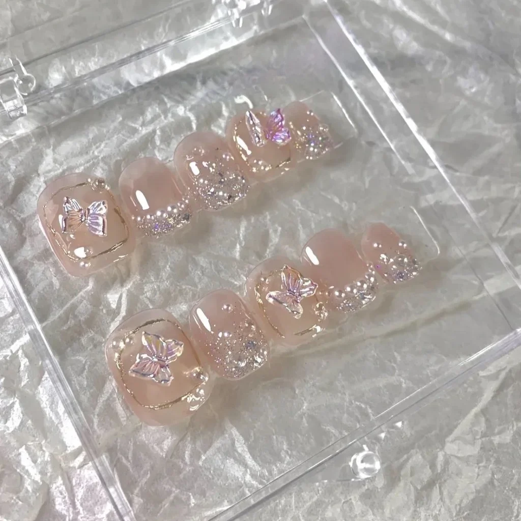 

Mermaid Pearl Handmade Wear Nail Short Nail Fairy Aurora Fake Nails Nail Art Bow Handmade Removable Wear Nails
