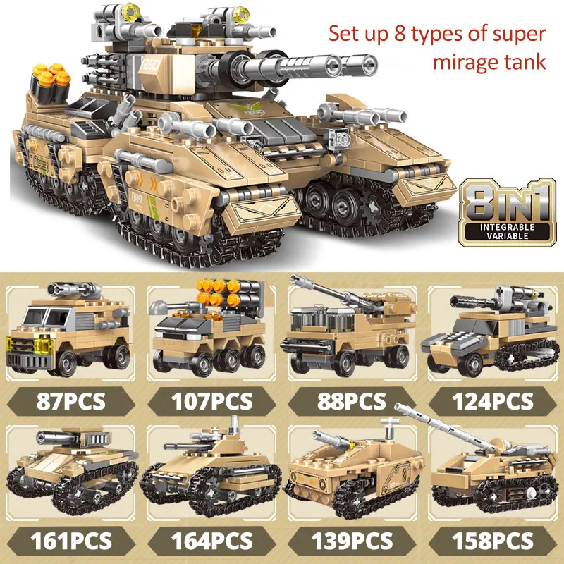 ZKZC WW2 8 in 1 Military The Emperor Tank Assemble Building Block Toy Missile Armored Car Chariot Brick Children Gifts