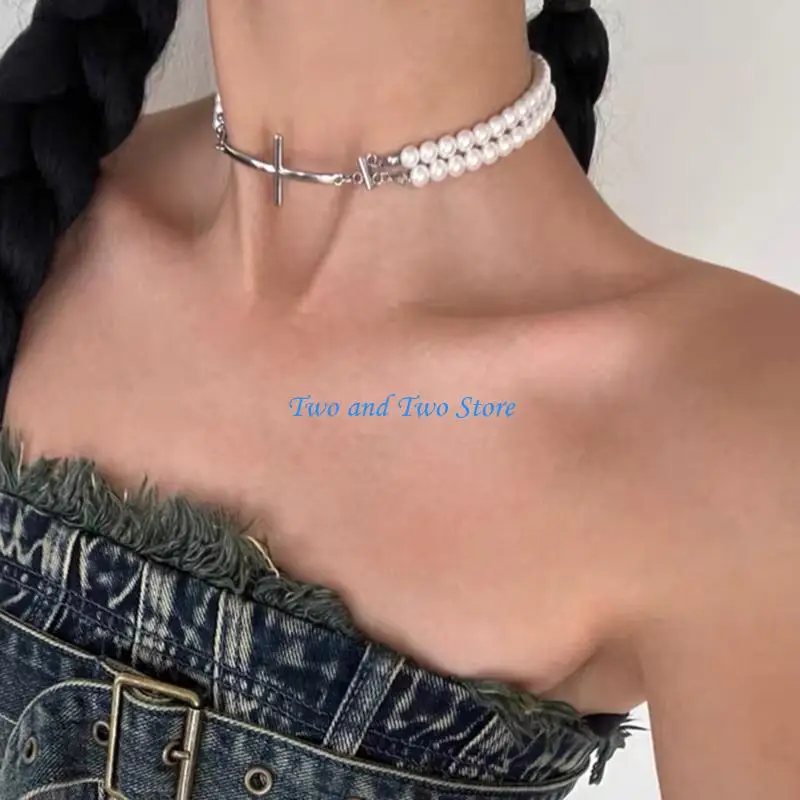 

HX6F Versatile Crosses Pendant Clavicular Chain Charm Stylish Pearls Choker for Lady